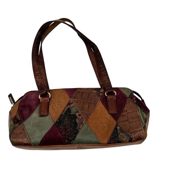 Fossil Patchwork Tooled Leather Shoulder Bag Purse baroque neutral hand bag - Picture 2 of 12